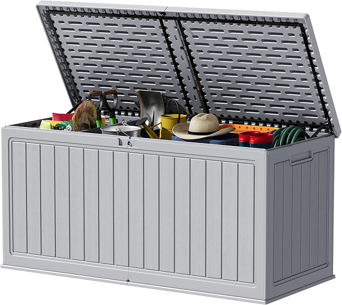 Devoko 260 Gallon Double-Wall Deck Box with Divider, Side Handles, Resin Outdoor Large Storage Box Waterproof and Lockable for Patio Furniture, Garden, Pool (Grey, 260 Gallon)