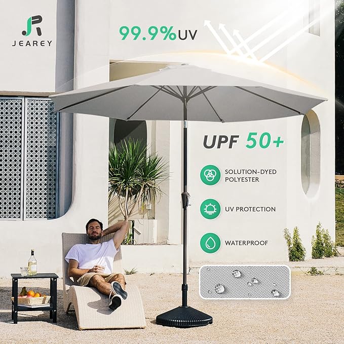 JEAREY 9FT Outdoor Patio Umbrella Outdoor Table Umbrella with Push Button Tilt and Crank, Market Umbrella 8 Sturdy Ribs UV Protection Waterproof for Pool, Garden (Light Gray)