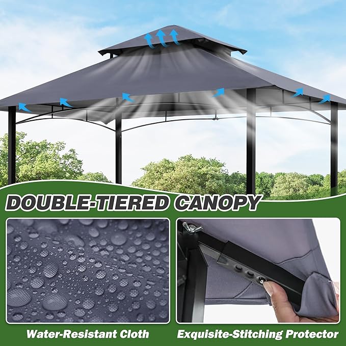 GARTOO 8'x5' Outdoor Grill Gazebo - Double Roof BBQ Gazebo Canopy with 2 Side Shelves and LED Lights, Patio BBQ Pergola Shelter for Garden, Porch and Backyard (Grey)