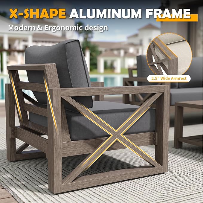 Amopatio Aluminum Patio Furniture Set with Fire Pit, 6 Pcs Metal Patio Sofa Sets with Glass Top Fire Pit Table, Modern Outdoor Furniture with 6" Cushion, Dark Grey (Included Waterproof Covers)