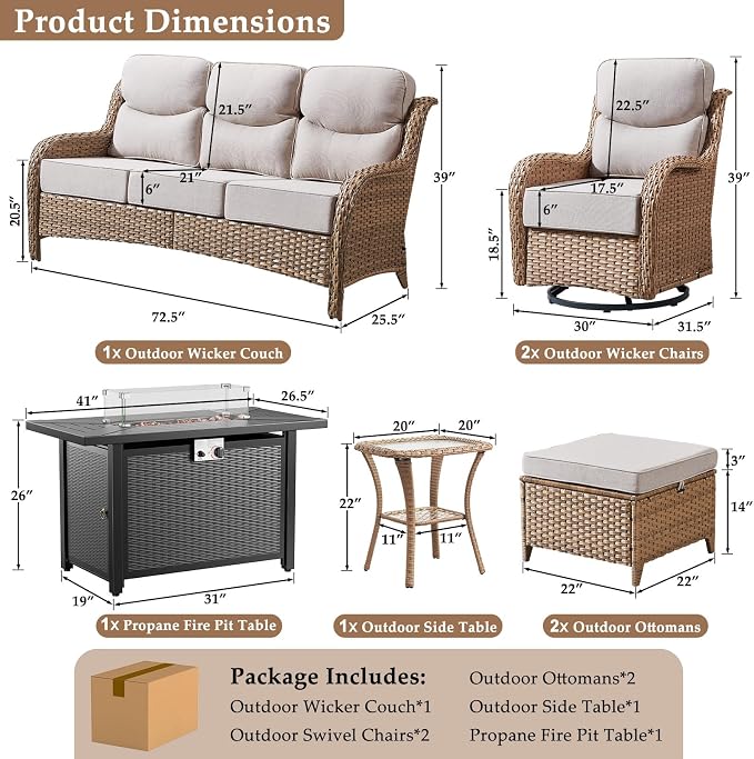Luxury Patio Furniture Set with 42.5" Fire Pit Table, 6 Pieces High Back All Weather Wicker Outdoor Furniture w/ 6-Inch Thick Cushions, Patio Swivel Chairs Couch for Deck Balcony Backyard Yellow/Beige