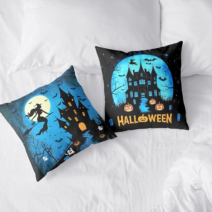 Halloween Pillow Covers 18x18 Set of 2 Witch Castle Throw Pillow Covers Horror Full Moon Night Pillow Case Bat Ghost Pumpkin Cushion Case for Holiday Party Home Decor Couch Sofa