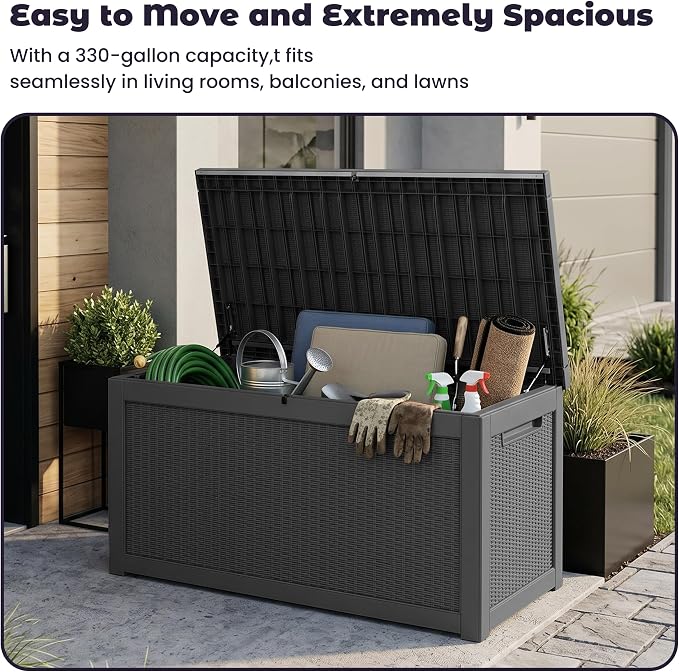 PatioZen 330 Gallon Outdoor Storage Box, Heavy Duty Resin Large Deck Box Organization for Garden Tools & Pool Accessories, Hydraulic Lift, All-Season UV-Resistant, Black