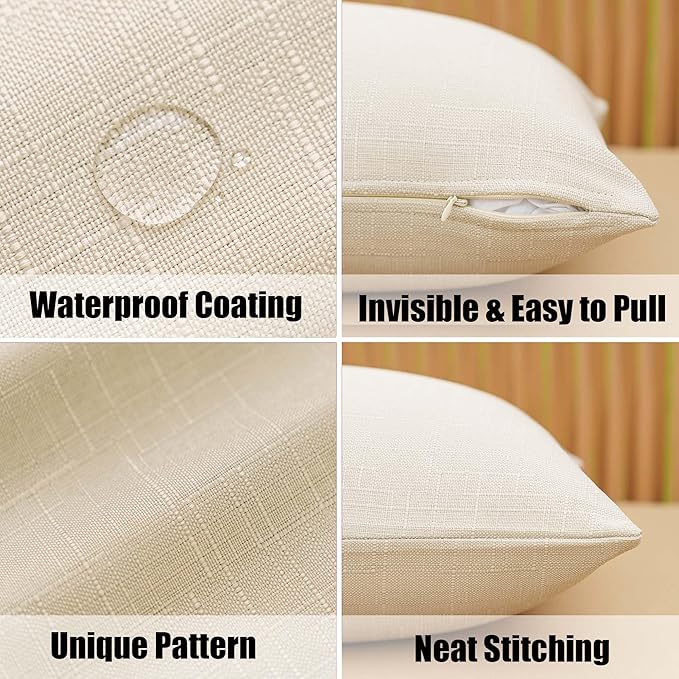 NiNi ALL Waterproof Outdoor Pillow Covers 22x22 Set of 2 Patio Beige | Faux Linen Textured Decorative Solid Throw Pillow Covers Farmhouse for Garden Furniture Tent Balcony Couch Sofa Cushion