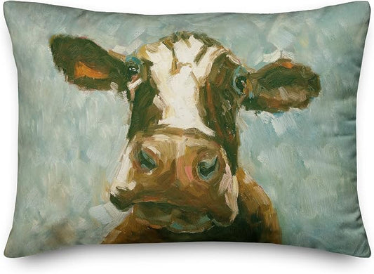 Green Painted Cow Indoor/Outdoor Pillow | Decorative Pillows for Living Room Couch Bed Sofa Patio, Fluffy Soft Cushion | Water Resistant Multi, 14x20