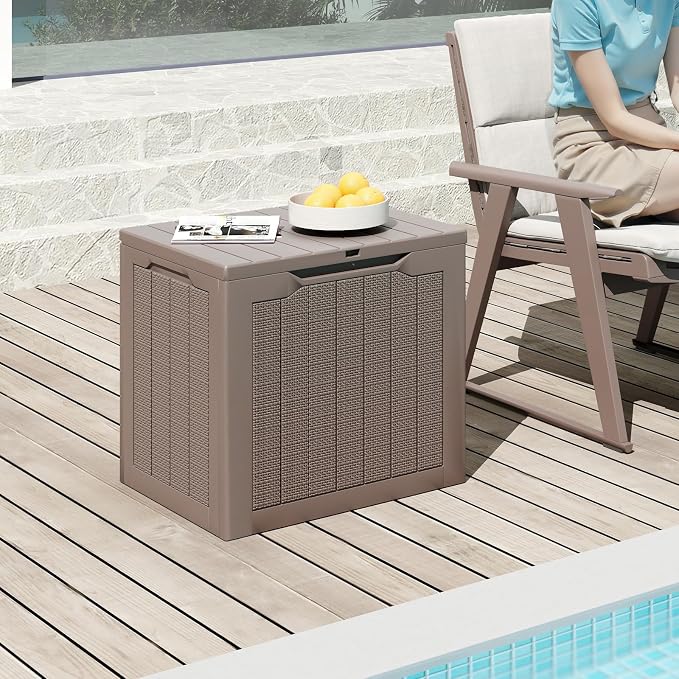 Giantex 25 Gallon Outdoor Storage Box, Patio Deck Box with Lockable Lid, Wicker-woven Texture, Waterproof Storage Bench for Pool Accessories, Garden Tools, Package Delivery, Patio Furniture (Brown)