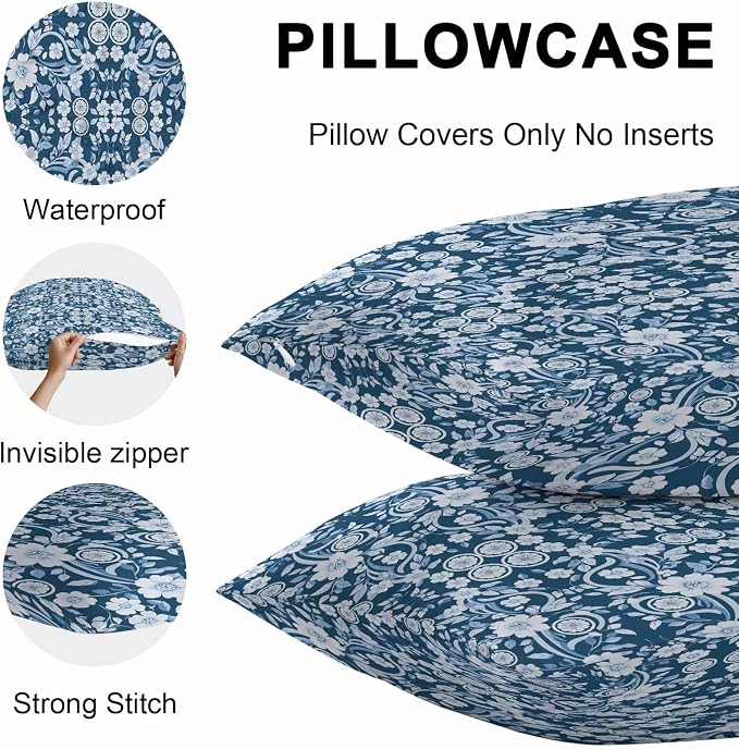 Navy Blue Floral Outdoor Pillow Covers 26x26 Inch Throw Pillow Covers Set of 2 Waterproof Decorative Pillow Cases Vintage Pastoral Botanical Leaves Cushion Covers for Patio Furniture Garden Couch Sofa