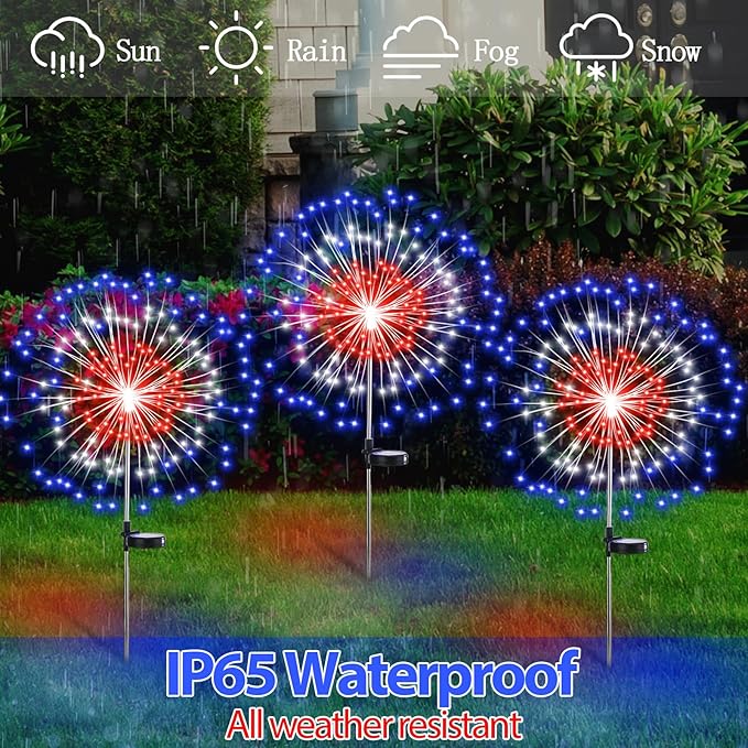 Tujoe 8 Pcs 4th of July Solar Firework Stake Lights 180 LED 8 Modes Solar Waterproof LED Sparkler Lights Outdoor Patriotic Decor for USA 250th Anniversary Garden Patio Yard Pathway (Red White Blue)