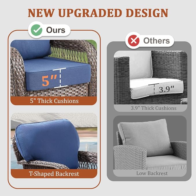 5 Piece Outdoor Patio Furniture Set with Fire Pit Table, Wicker Patio Conversation Set with 2 Swivel Rocker Chairs Rattan Sofa and Removable 5" Thick Cushions for Deck Backyard Blue