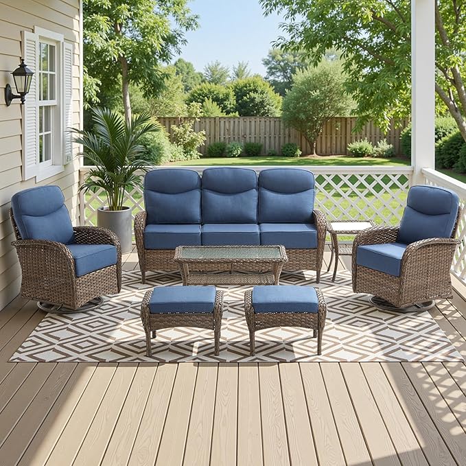 High Back Luxury Patio Furniture Set with 6-inch Thick Cushion, Swivel Rocker Patio Chairs with Outdoor Couch, 7 Piece Wicker Conversation Set for Deck Yard Garden Balcony Blue
