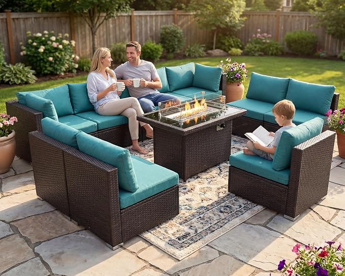 NICESOUL Modern Outdoor Couches with Firepit Table Propane/Natural Gas, 29.3'' High Back Comfy Conversation Set with Fireplace, 10 Seater Large Wide Patio Furniture Set, Brown Rattan and Teal Cushion