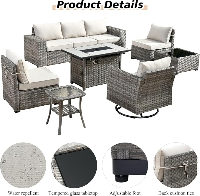 HOOOWOOO Outdoor Patio Sectional Furniture Sofa Set with Large Fire Pit Table,9 Piece Modern Wicker Couch with Swivel Chair,Modular Conversation Seating Set with Widened Armrest(Beige Tan)