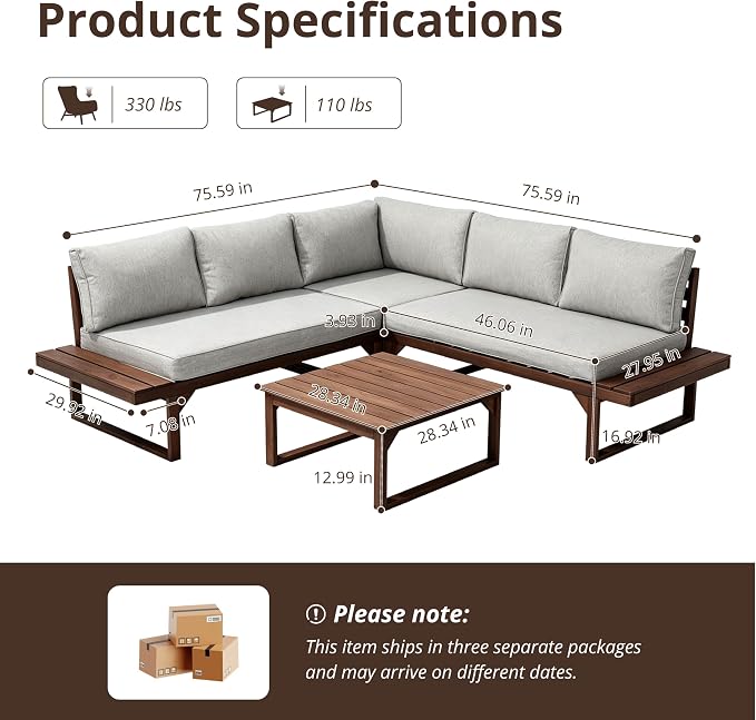 Outvita 4 Piece Wood Patio Furniture, L-Shaped Outdoor Sectional Sofa Set with Coffee Table, Conversation Set with Built-in Side Table, Coffee Table and Gray Cushions for Garden
