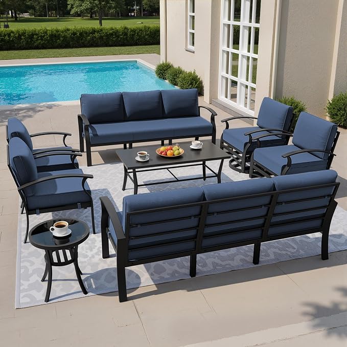 Kullavik Aluminum Patio Furniture Set,8 Piece Modern Metal Outdoor Patio Furniture w/5.1'' Thick Cushion,Swivel Chairs and Rectangular Coffee Table,Patio Conversation Sets for Porch,Deck,NavyBlue