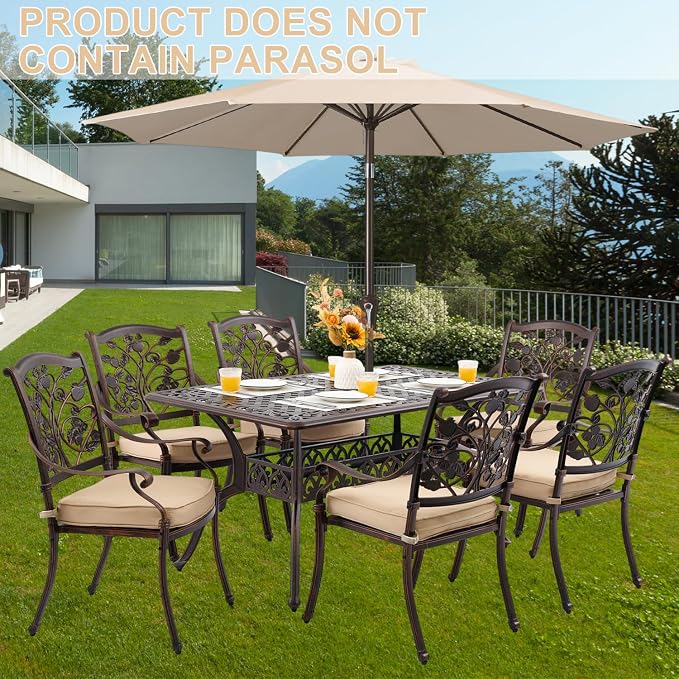 7-Piece Cast Aluminum Outdoor Dining Set, Copper Red Patio Furniture for 6 Includes 60" Rectangular Dining Table and Unique Strawberry & Leaf 6 Stackable Chairs with Cushions & Umbrella Hole