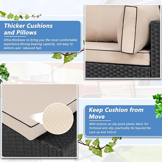 5 Piece Outdoor Patio Furniture Set,Black PE Rattan Wicker Sectional Sofa, All Weather Conversation Set with Washable Cushions & Glass Coffee Table for Backyard Poolside Garden Porch,Khaki