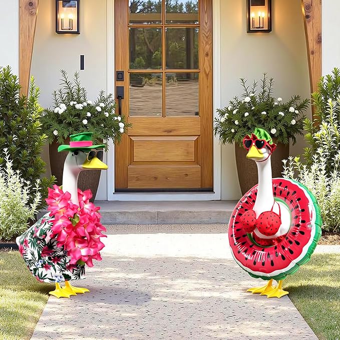 2 Set Hawaiian Porch Goose Outfits,23''Porch Goose Summer Outfits,Bikini Lawn Goose Costume,Yard Goose Clothes Skirt Hat Glasses Floral Wreath Swimming Ring for Outdoor Garden Yard Decor