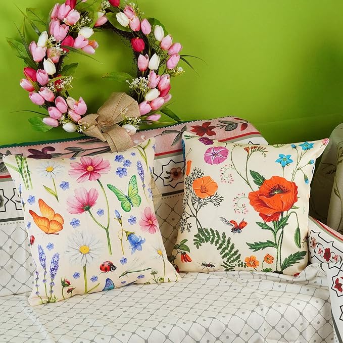 ONWAY Spring Summer Outdoor Waterproof Pillow Covers Set of 4 Floral Farmhouse Throw Pillows Decorative Cushion Cases for Outdoor Couch Sofa Patio Furniture Home Decoration (Beige, 18x18 Inch)