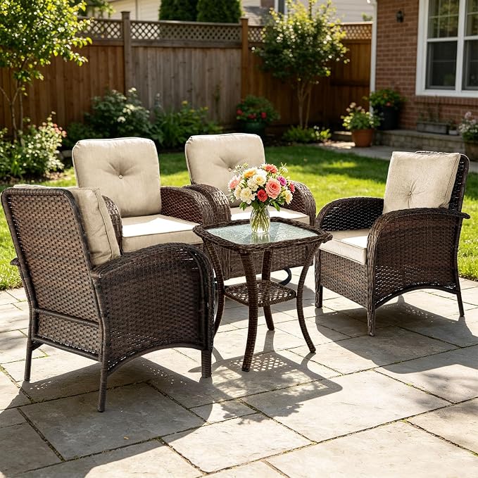 All Weather Patio Furniture Set, High Back Swivel Rocker Glider Chairs，Ottomans & Glass Tables, Outdoor Conversation Set for Deck Porch Yard Poolside (Brown, 5PCS-Swivel Chairs&Chairs&Table)