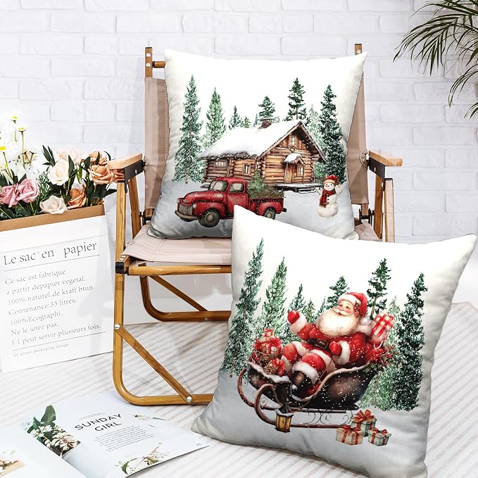 Christmas Santa Pillow Covers Set of 2 Snowy House Red Truck Snowman Throw Pillow Covers Green Xmas Tree Pillowcase 24x24 Cotton Linen Cushion Case for Winter Holiday Home Decor