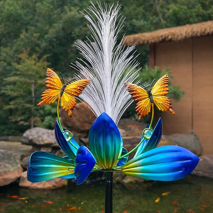Solar Wind Spinner Outdoor, 49" Lotus Flower & Butterfly Metal Wind Spinner with Color-Changing Fiber Optic Solar Lights, Kinetic Garden Windmill Yard Art for Lawn Patio Pathway Decor