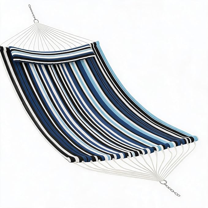 Garvee 2 Person Outdoor Hammock with Stand, Cotton Rope Hammock with Polyester Pad, Arc-Shaped Adjustable Steel Frame, 2-in-1 Hammock for Patio, Backyard, Garden, Beach （Dark and Light Blue Stripes）