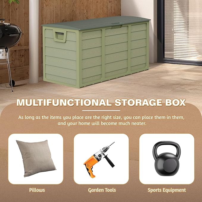 75 Gallon Outdoor Deck Storage Box – Heavy Duty Resin with Lockable Lid, Waterproof & UV Resistant for Patio Furniture, Garden Tools(Green)