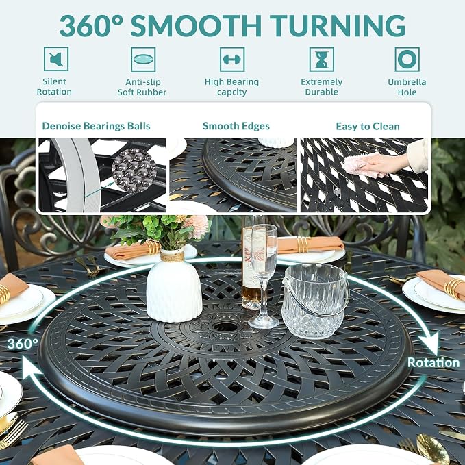 MEETWARM 9-Piece Outdoor Patio Dining Set, All-Weather Cast Aluminum Patio Conversation Set- 8 Cushioned Swivel Rocker, 61" Round Patio Dining Table w/Detachable Lazy Susan/Umbrella Hole, Chili Red