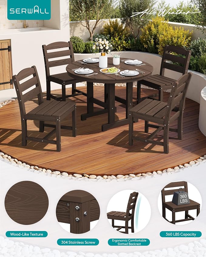 SERWALL 6-Piece Patio Dining Sets, HDPE Outdoor Table and Chairs Furniture Set with Umbrella, 45" Round Dining Table & 4 Armless Dining Chairs & 1 9FT Umbrella, Coffee(Not Include Umbrella Base)
