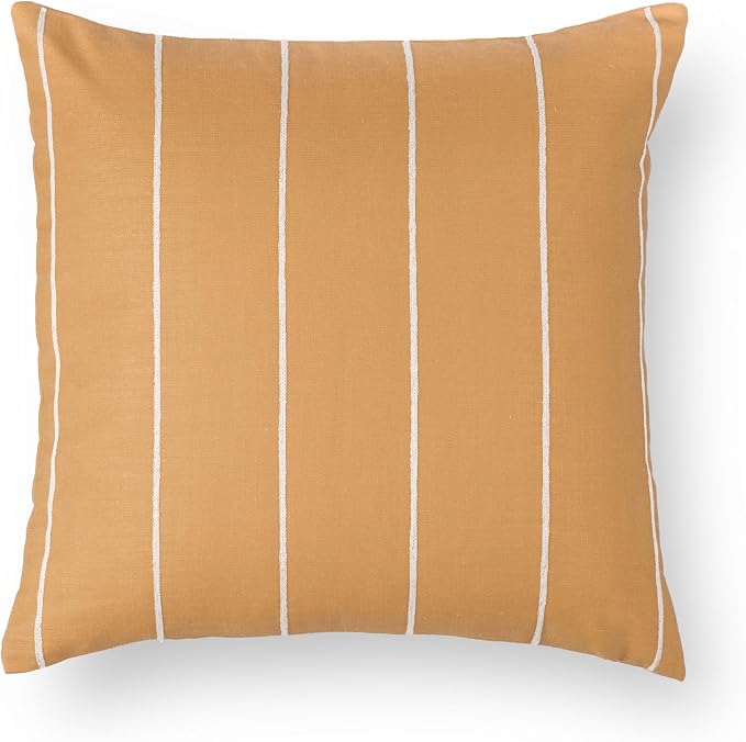 Modern Farmhouse Fall Linen Indoor Outdoor Throw Pillow Cover Only, 22"x22" Water Repellent for Patio, Backyard, Couch, Mustard Yellow Neutral Embroidered Stripes