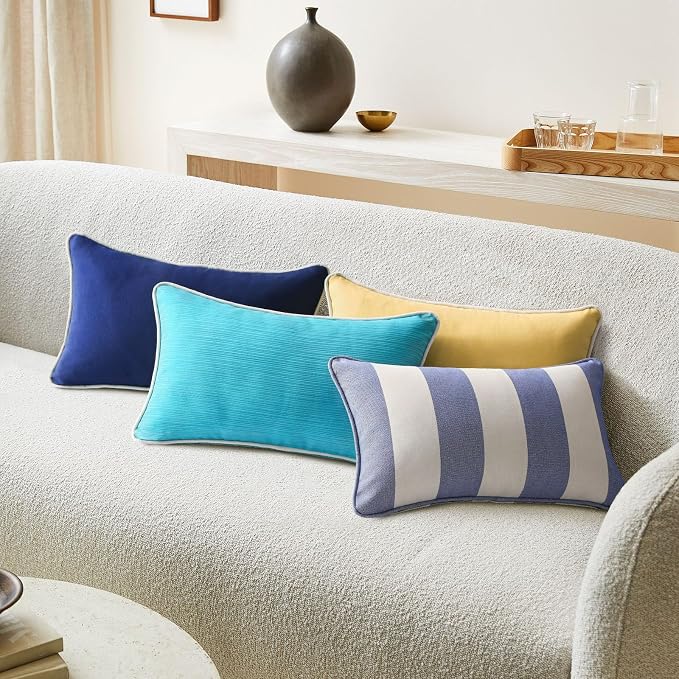 Unimatta Decorative Outdoor Water Repellent Throw Pillows with Inserts, Set of 4, 20" x12" Pillows for Patio, Backyard, Bed, Couch, and Patio Furniture, Navy Stripe