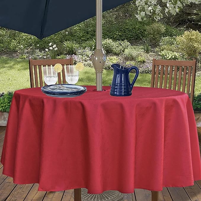 Outdoor Tablecloth Wrinkle-Free Stain Resistant Waterproof Polyester Fabric Table Cover with Zipper Umbrella Hole for Picnic/Party/Dinner/Patio Garden(70inch Round,Zippered,Red)