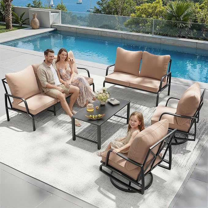 Soohow Outdoor Patio Furniture Set, 5 Piece Patio Furniture Set, 2 x Swivel Chair, 1 x 3-Seats Sofa, 1 x 2-Seats Sofa, and 1 x Coffee Table, Metal Conversation Set for Porch, Balcony, and Backyard