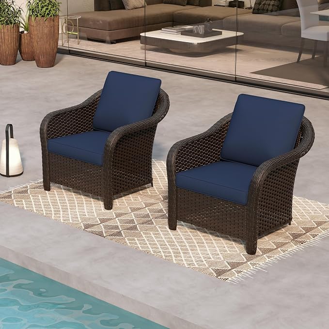 Patio PE Rattan Chairs Set of 2, All-Weather & Steel Frame Outdoor Conversation Furniture Set with Washable Cushions for Garden, Bistro, Deck, Yard (Navy Blue)