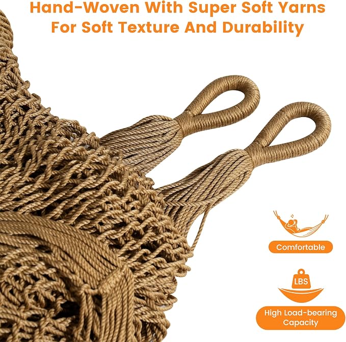 Lazy Daze Hammocks Handwoven XL Mayan Hammock, 10.5 FT Soft Rope Double Hammocks, Portable Outdoor Hammock with Carry Bag, 2 Straps & Carabiners for Patio Outside, 550 lbs Weight Capacity, Tan