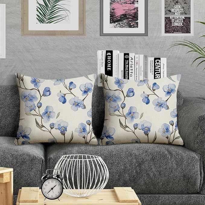 Outdoor Blue Floral Throw Pillow Covers 20x20 inch Set of 2 Waterproof Flower Pillow Cases Limonium Decorative Cushion Covers for Patio Garden Balcony