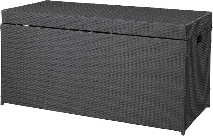 Outdoor Wicker Patio Deck Storage Box, 132-Gal Rattan Pool Storage Box with Lid, Garden Deck Bin Storage Bench Deck Box for Storing Tools, Accessories and Toys (132 Gallon, Black)