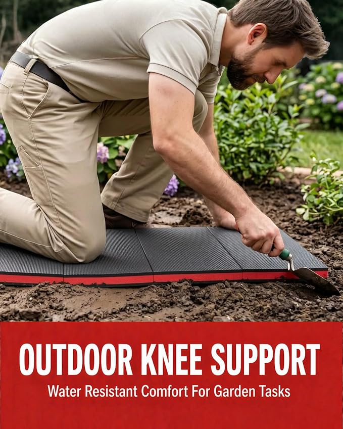 Folding Kneeling Pad, 1 Inch Thick Compact Mechanic Mat, Red | 47.24 x 15.74 Inch 6-Panel Firm Foam Pad with Carry Handle, Water-Resistant Textured Surface for Garage and DIY Work
