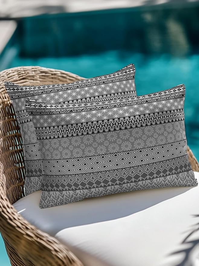 Waterproof Outdoor Pillow Set of 2 Grey Bohemian Decorative Throw Pillows Cover & Insert 20x12 Inch Lumbar Pillowcase Boho Style Floral Leaves Geometric Pillows for Couch Sofa Bed Patio Furniture