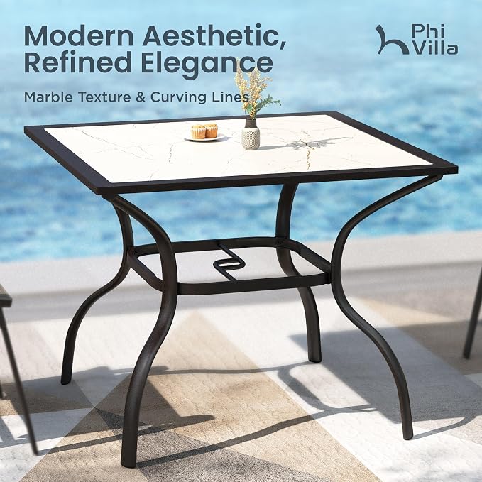 PHI VILLA Patio Dining Set for 4, Stackable Chairs & Carbon Crystal Table | Textilene mesh chairs & 37'' Square Table. E-coated metal frame for outdoor, deck, lawn, garden. Rust-resistant, easy-clean