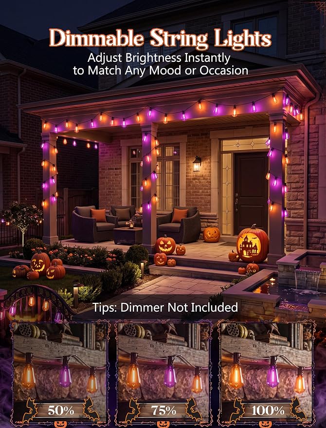 25ft Halloween String Lights Outdoor, ST38 Orange Purple LED Shatterproof Light Bulbs, Waterproof Dimmable Hanging Lights for Yard Patio Decor