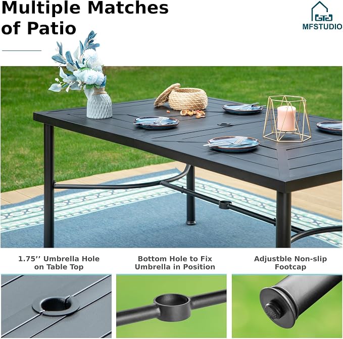 MFSTUDIO Patio Table and Chairs Set with Umbrella Hole, Outdoor Dining Set for 6 with Swivel Chairs, Outdoor Patio Furniture Set for Deck, Backyard, Poolside & Garden