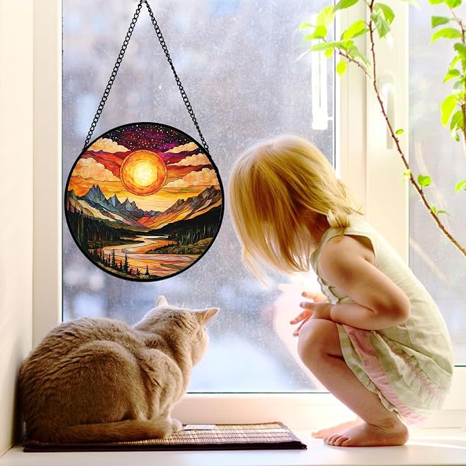 DASTOLL Stained Glass Window Hanging, Dusk Sunset Landscape Sun Catchers Glass Panel Lakes and Mountains Suncatcher Decor for Birthday for Women, Men, Wife, Aunt, and Mom 9.8 in