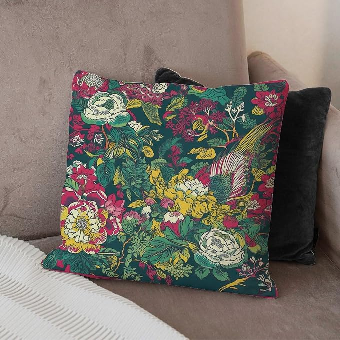 Cushion Cases Chinoiserie Red Peony Floral Throw Pillow Covers Abstract Green and Pink Pillow Cover Accent Square Couch Sofa Cushion Covers for Patio Couch Tent Sofa 18x18 in