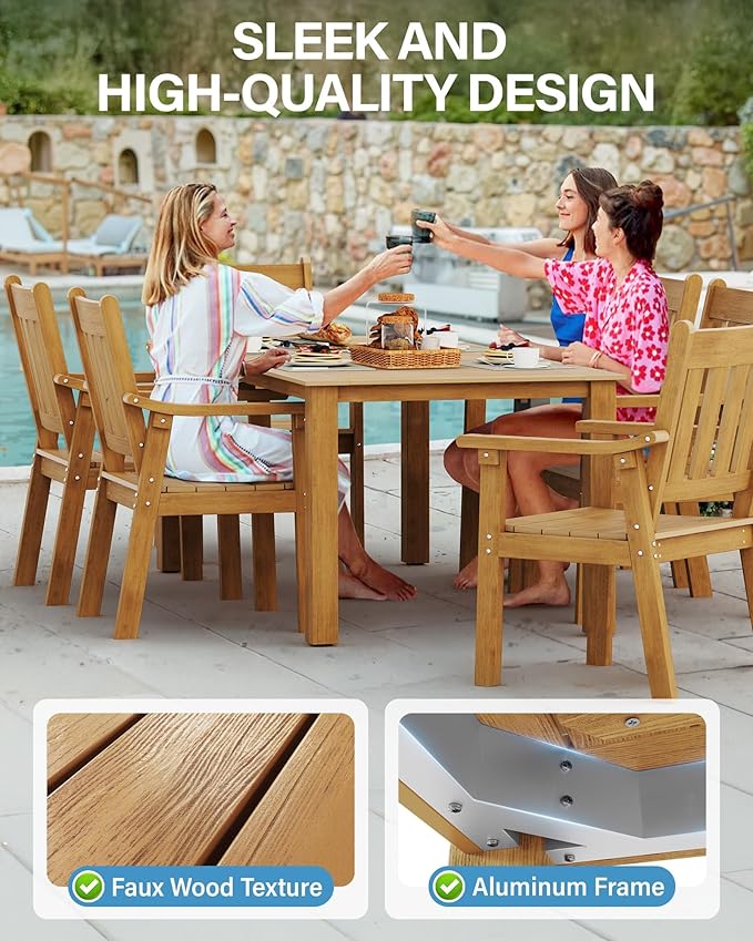 YEFU Outdoor Dining Table for 6: All Weather Rectangular Patio Table with Umbrella Hole and Aluminum Frame - Outdoor Furniture for Outside Backyard/Garden/Pool/Porch/Deck, 300lbs Capacity, Teak
