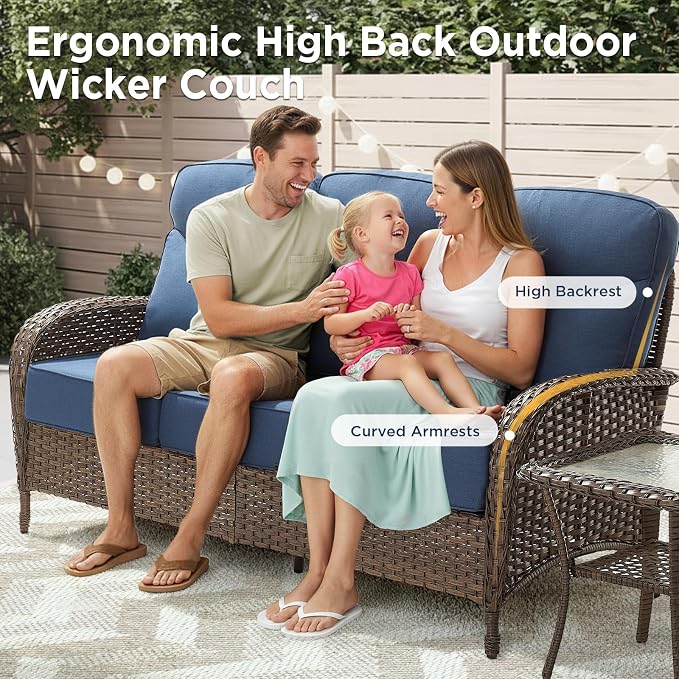 5 Pieces Luxury Patio Furniture Sets with 6-Inch Thick Cushions, High Back Swivel Outdoor Rocking Chairs Set of 2 with Multifunctional Ottoman, Wicker Conversation Set for Porch Garden, Blue