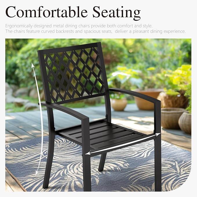 PHI VILLA 7 Piece Metal Outdoor Patio Dining Bistro Sets with Umbrella Hole, 60.2" x 37.8" Rectangle Patio Table and 6 Backyard Garden Outdoor Chairs, Black