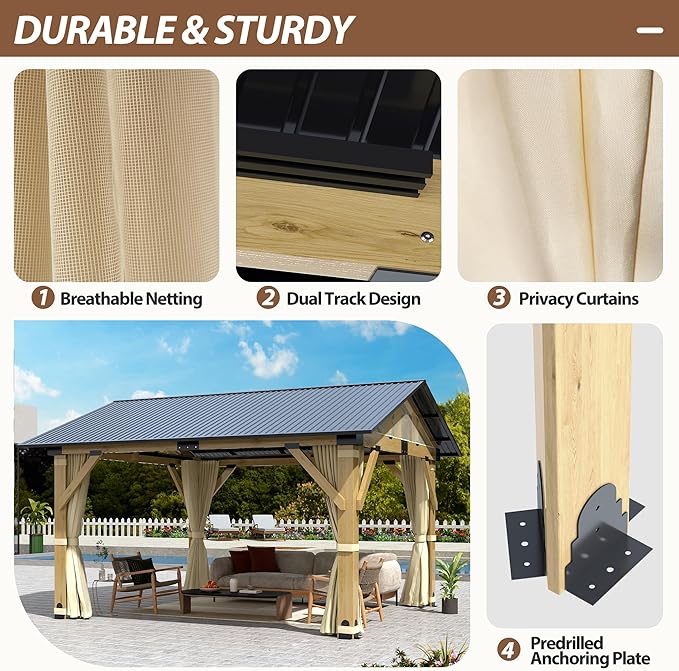 11' x 13' Wood Gazebo, Outdoor Hardtop Gazebo with Netting and Curtains, Cedar Wooden Frame Gazebos with Galvanized Steel Roof for Garden, Patio