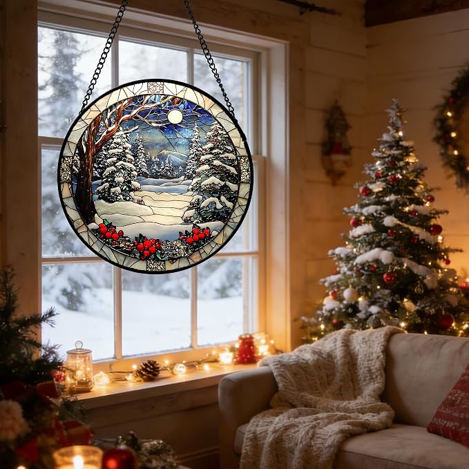 DASTOLL Stained Glass Window Hanging Christmas Tree Winter Snow Night Scenery Large 11.8" - Suncatcher Door Garden Kitchen Sun Catcher Home Decor Birthday for Mom Men Woman Friend