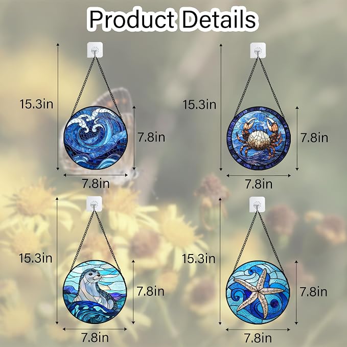DASTOLL Stained Glass Window Hanging 4 Pcs Set Blue Ocean Waves 7.8" - Starfish Crab Seal Suncatcher Door Garden Sun Catcher Decor Birthday for Mom Woman Nana Men Friend